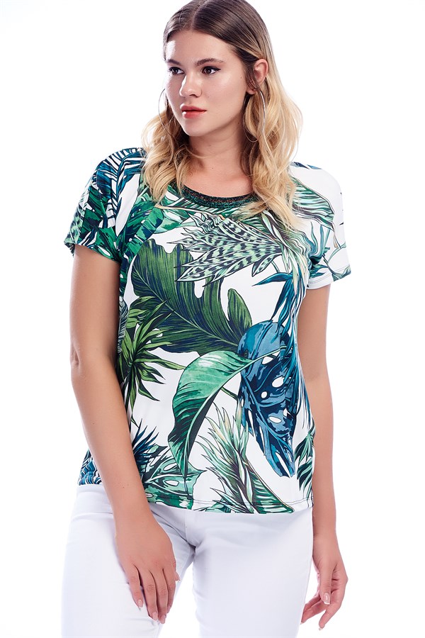 KADIN YEŞİL YAKASI SİMLİ KISA KOLLU DESENLİ BLUZ