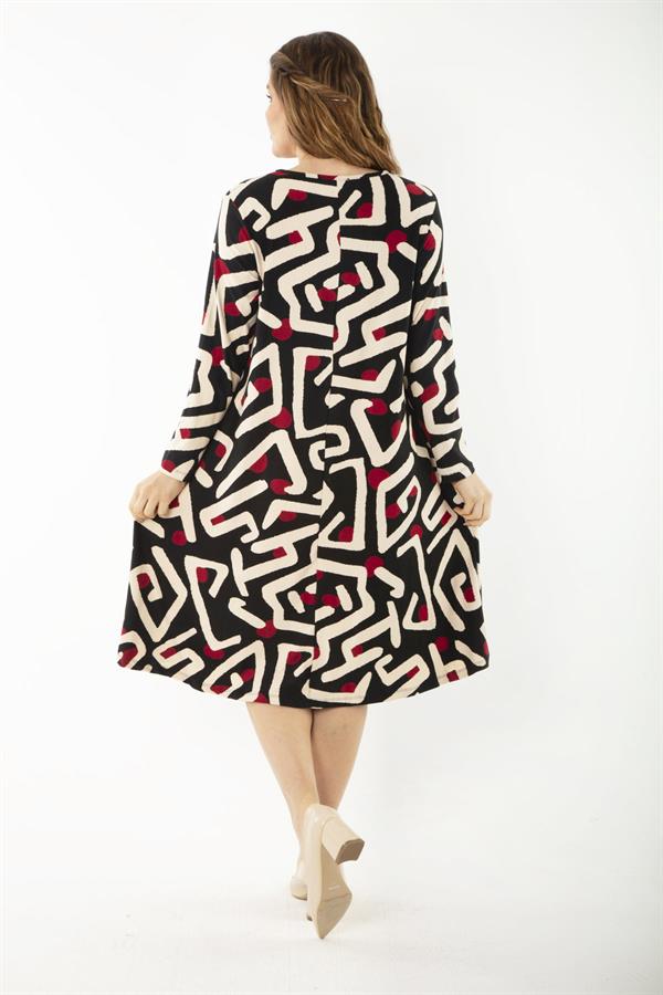 Kadın Büyük Beden Renkli Uzun Kollu Desenli Elbise 65N37192