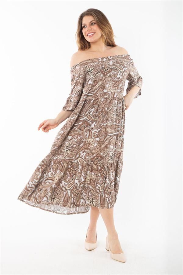 Kadın Büyük Beden Renkli Yaka Lastikli Dokuma Viskon Kumaş Katlı Elbise 65N37349