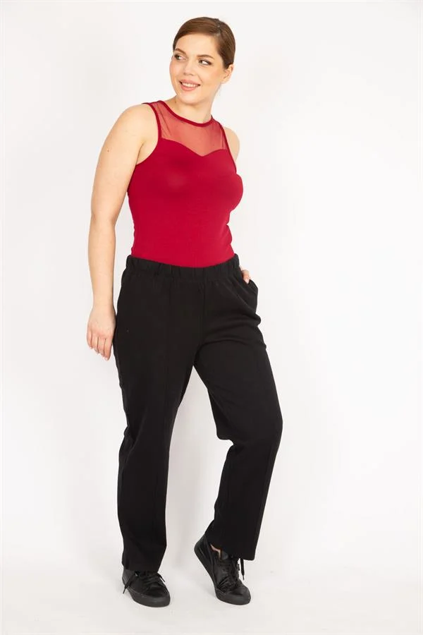 Kadın Siyah Büyük Beden Çima Dikişli Yan Cepli Eşofman Alt