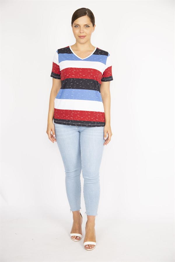 Kadın Renkli Büyük Beden Pamuklu Kumaş V Yakalı Kısa Kollu Bluz