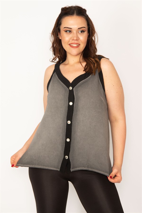 Kadın Füme Kirli Yıkama Çıtçıt Metal Düğmeli Biye Detaylı Bluz 65N33347