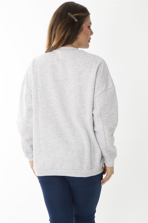 Women's Plus Size Gray Embroidered Inside Swatshirt 65N37008