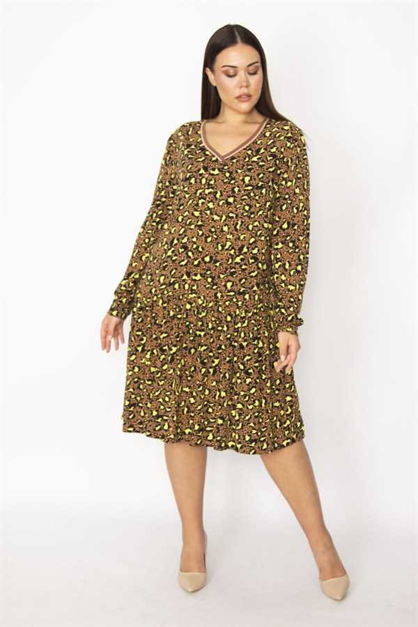 Kadın Desenli Yaka Ribanalı Eteği Katlı Elbise 65N29518