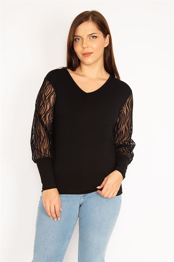 Kadın Siyah Flok Detaylı Bluz 65N35329