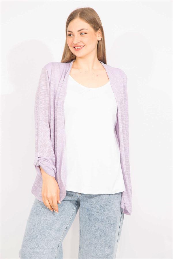 Kadın Lila Büyük Beden İkili Görünümlü Tek Parça Kol Detaylı Bluz 65N35575