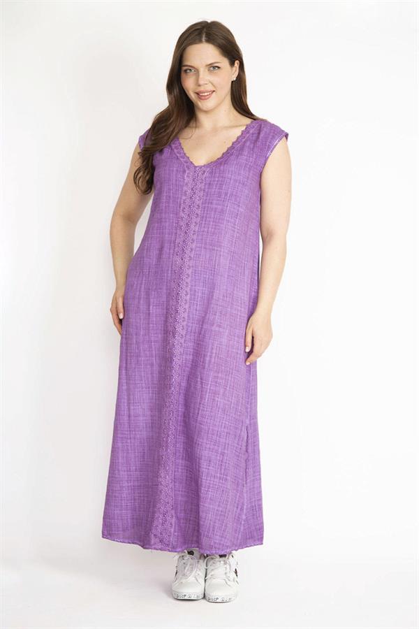 Kadın Eflatun Büyük Beden Dantel Detaylı V Yaka Yan Yırtmaçlı Keten Elbise