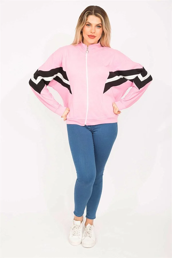 Women's Pink 2-Ply Fabric Front Zipper and Stripe Detail Sweatshirt 65N35299
