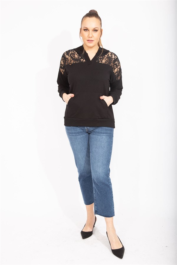 Kadın Saks Robası Dantel Ve Kapşon Detaylı Kanguru Cepli Sweat Shirt 65N35463