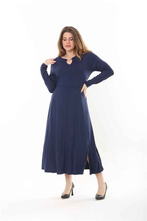 Kadın Büyük Beden Lacivert Öpücük Yakalı Uzun Kollu Elbise 65N37558