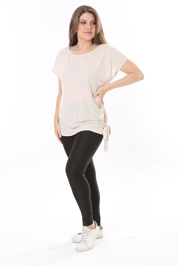 Kadın Büyük Beden Bej Yan Bağlamalı Bisiklet Yakalı Kısa Kollu Bluz 65N37849