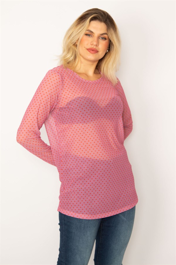 Kadın Pembe Desenli Tül Bluz 65N34253