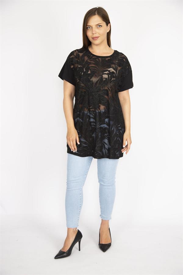 Kadın Beyaz Büyük Beden Önü Flok Bisiklet Yakalı Kısa Kollu Bluz