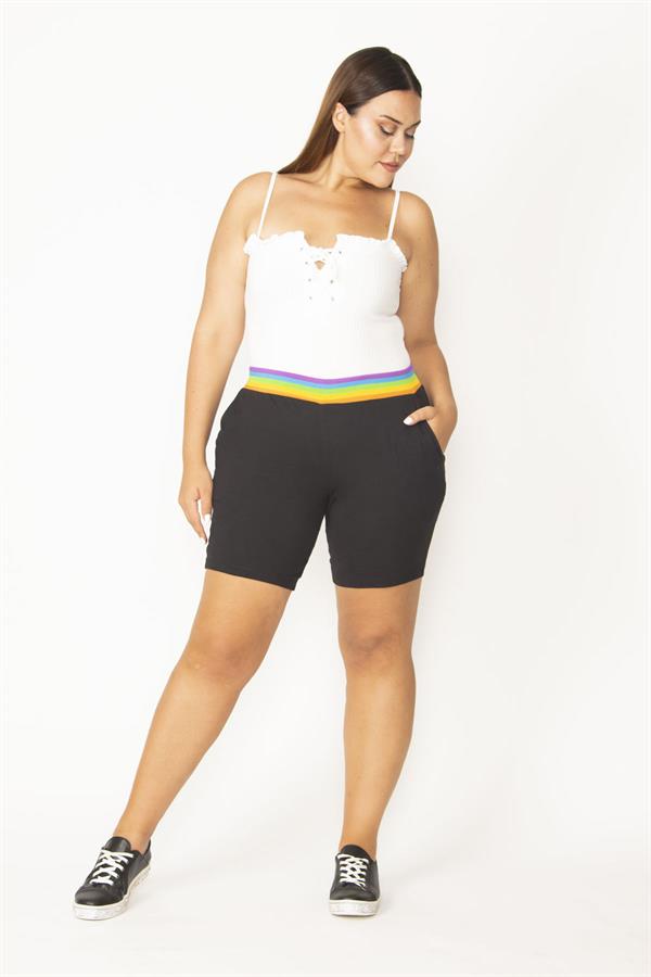 Kadın Büyük Beden Siyah Pamuklu Kumaş Beli Renkli Lastikli Cepli Şort 65N36780