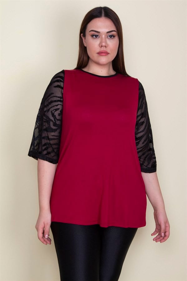 Kadın Bordo Kolları Flok Tül Detaylı Viskon Bluz 65N25580