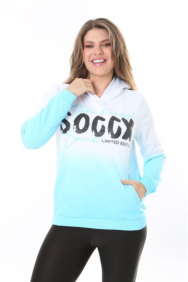 Kadın Büyük Beden Renkli İki İplik Sim Ve Ön Baskı Detaylı Kapşonlu Sweatshirt 65N37162