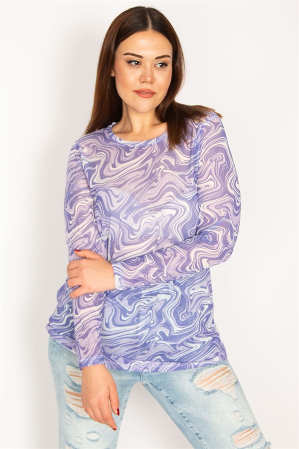 Kadın Lila Likralı Tül Bluz 65N33269