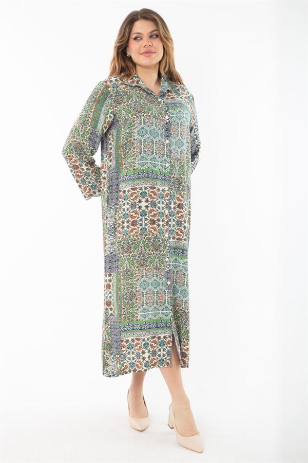 Kadın Büyük Beden Renkli Dokuma Viskon Kumaş Ön Düğmeli Elbise 65N37351