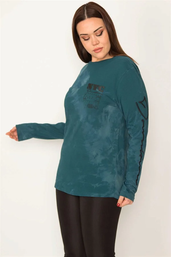 KADIN PETROL PAMUKLU KUMAŞ BATİK DESENLİ UZUN KOLLU BLUZ