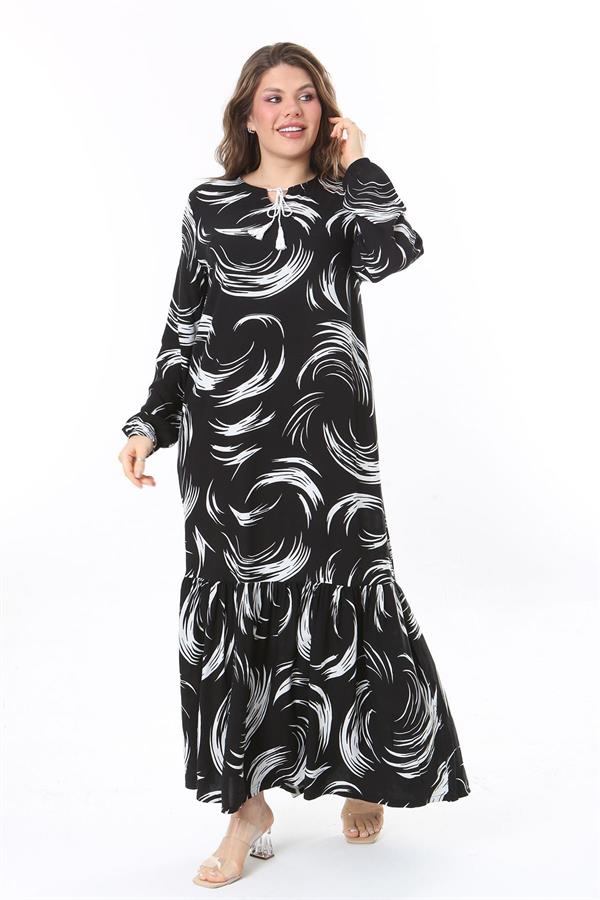 Kadın Büyük Beden Siyah Dokuma Viskon Kumaş Etek Ucu Katlı Uzun Kollu Elbise 65N37958