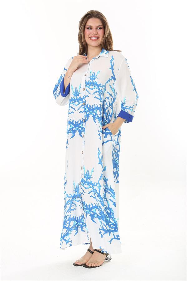 Kadın Büyük Beden Mavi Ön Boy Düğmeli Gömlek Yakalı Uzun Elbise 65N37875