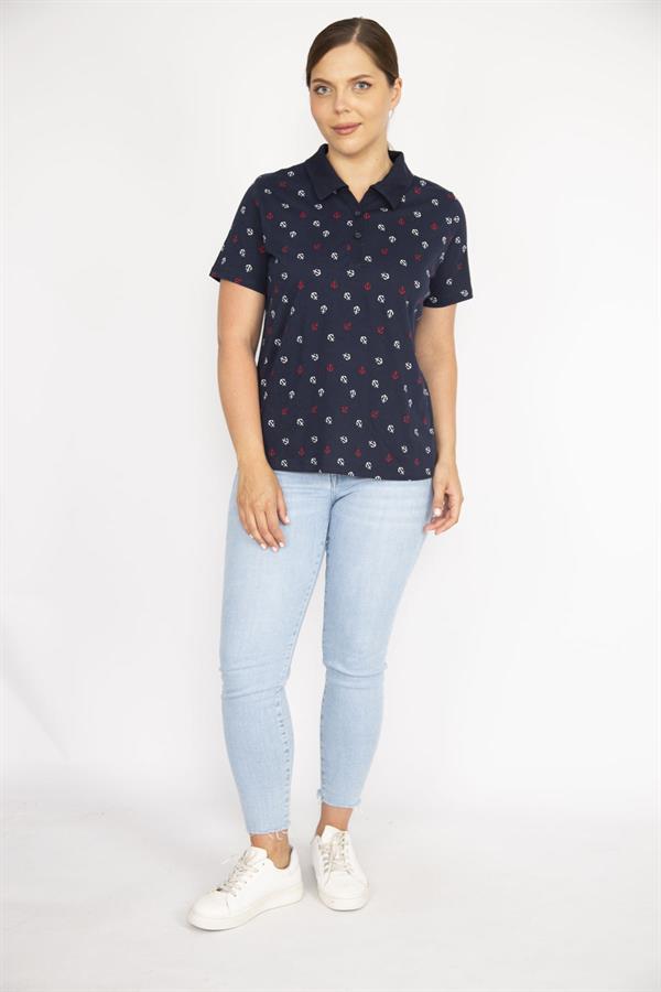 Kadın Lacivert Büyük Beden Pamuk Kumaş Marin Desen Polo Yakalı Kısa Kollu Bluz