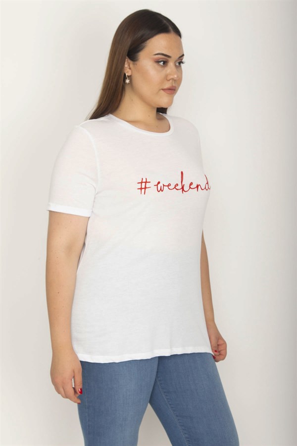 Kadın Beyaz Önü Nakış Yazılı Kısa Kollu Bluz 65N27042