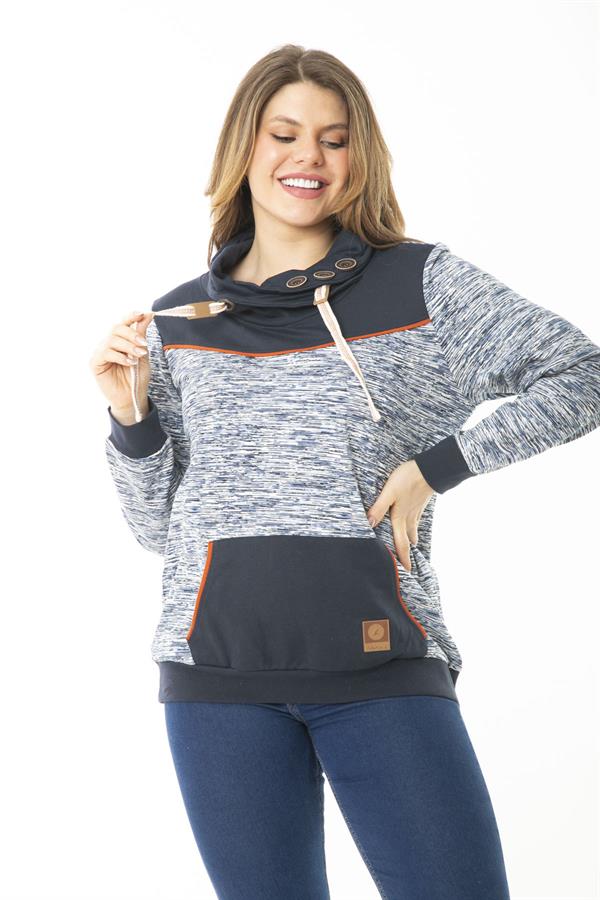 Kadın Büyük Beden Kuşgözü Bağcık Ve Süs Düğme Detaylı Kanguru Cepli Dik Yaka Sweatshirt 65N37122