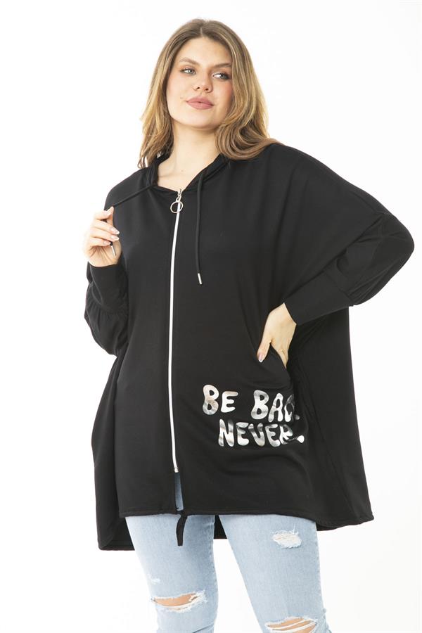 Women's Plus Size Black Front Lacquered Printed Hooded Casual Cut Sweatshirt 65N37118