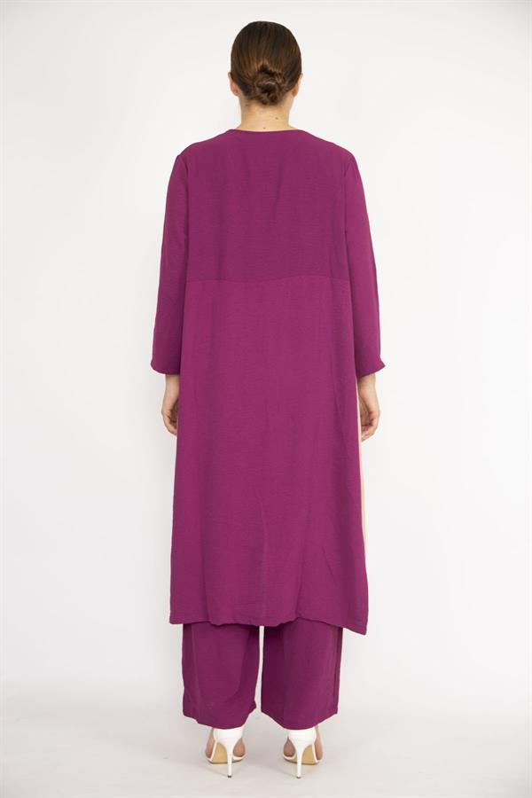 Kadın Büyük Beden İndigo Hırka İç Bluz Ve Pantolon Üçlü Takım