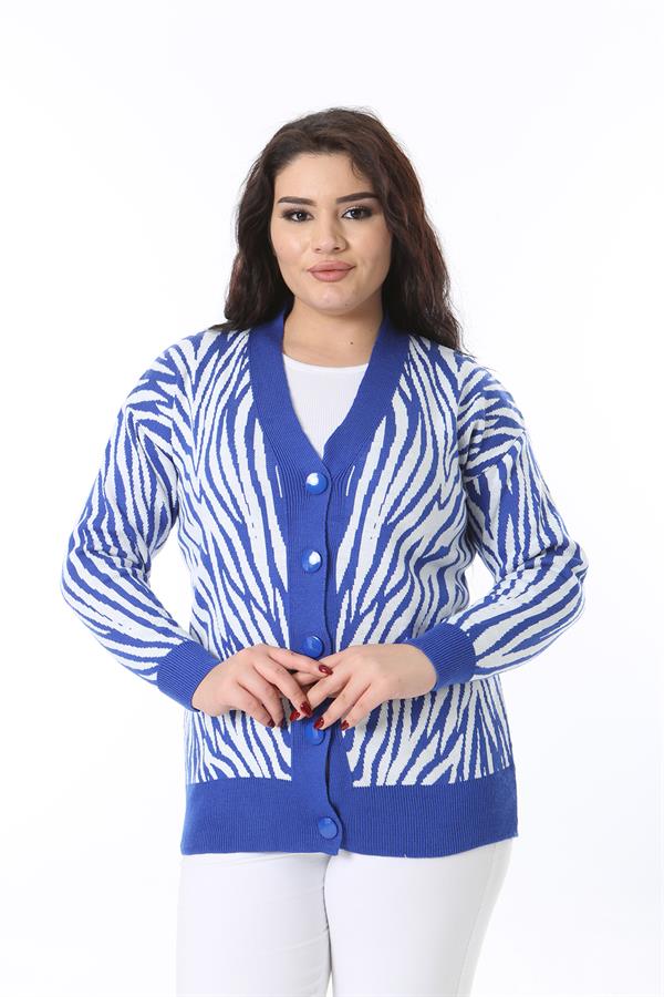 Kadın Büyük Beden Saks Ön Düğmeli Triko Hırka 65N38566