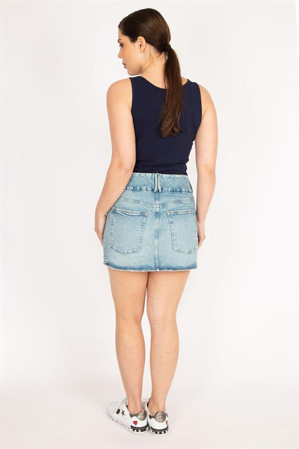 Kadın Mavi Büyük Beden Ön Fermuarlı Likralı Kot Etek