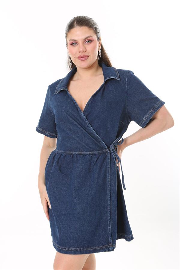 Kadın Büyük Beden Lacivert Bel Bağcıklı Anvelop Kot Elbise 65N37733