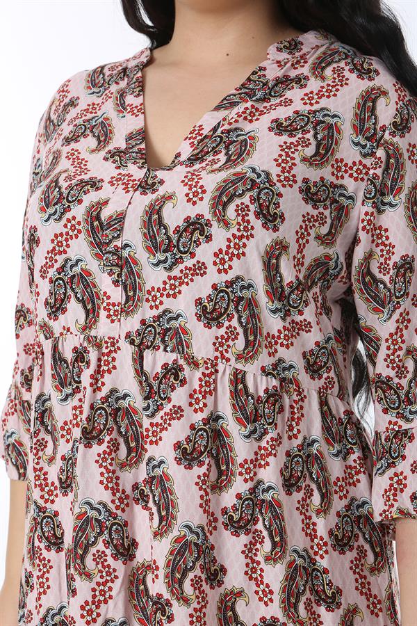 Kadın Büyük Beden Renkli V Yakalı Katlı Elbise 65N38583