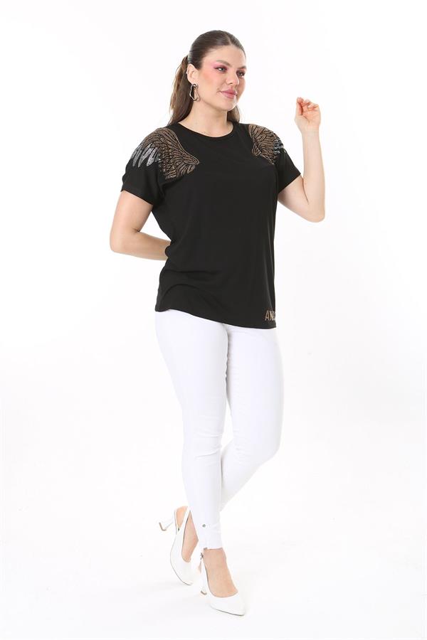 Kadın Büyük Beden Saks Angels Taş Detaylı Kısa Kollu Bluz 65N37675