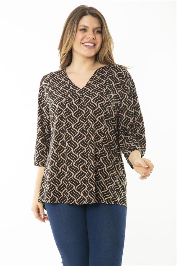 Kadın Büyük Beden Kahve Yaka Pileli Kapri Kollu Bluz 65N37147
