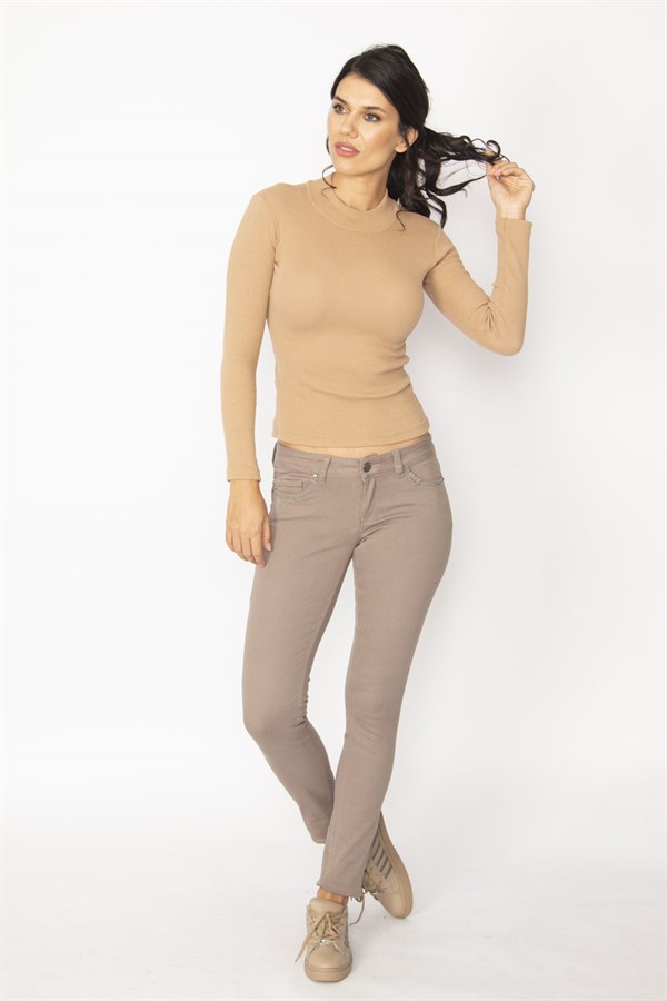 KADIN VİZON 5 CEP CEP AĞZI KALP FİGÜR NAKIŞLI GABARDİN KUMAŞ PANTOLON