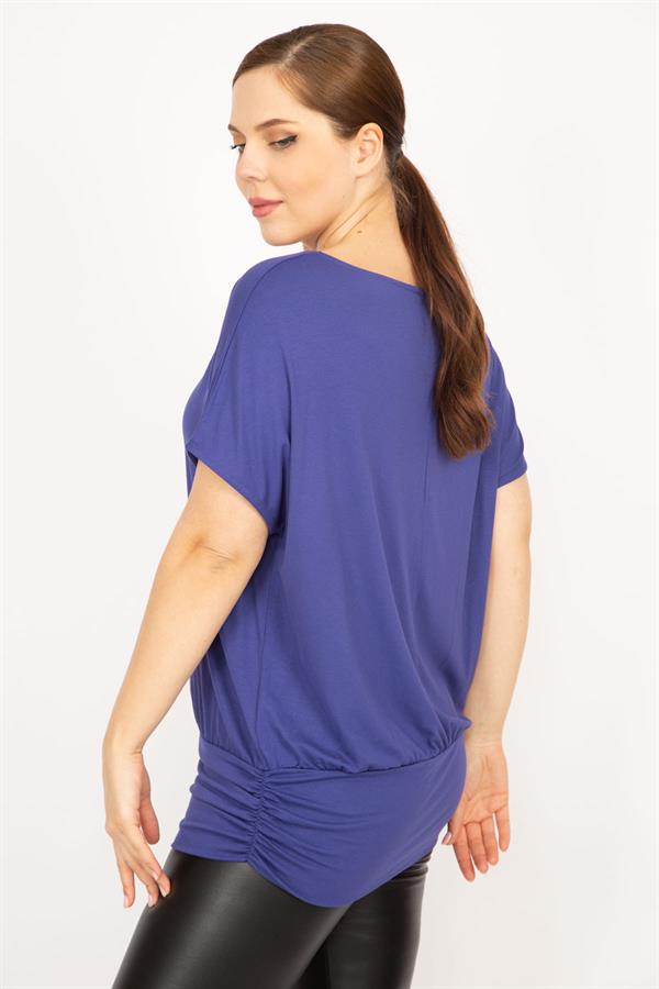 Kadın İndigo Büyük Beden Bisiklet Yakalı Etek Ucu Bantlı Tunik