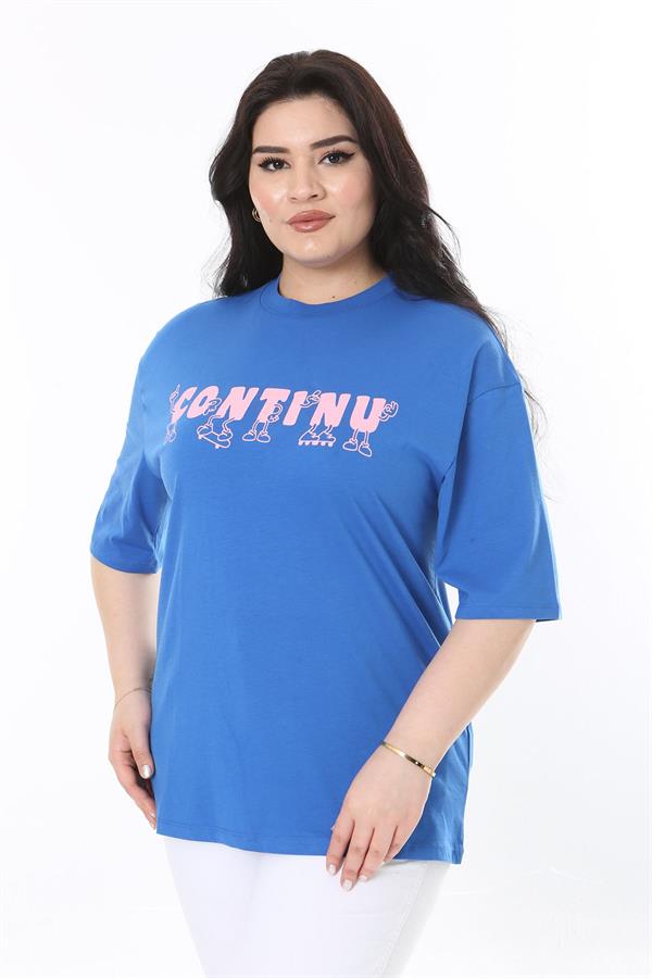 Kadın Büyük Beden Saks Pamuk Kumaş Ön Baskılı Kısa Kollu Bluz 65N38008