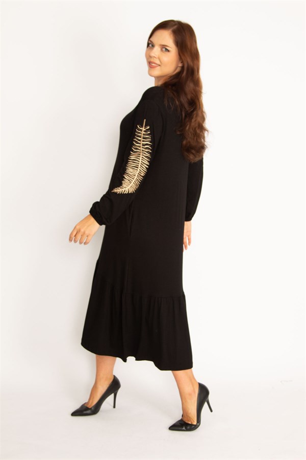 Kadın Siyah Nakış Ve Cep Detaylı Eteği Katlı Uzun Kollu Elbise 65N34743