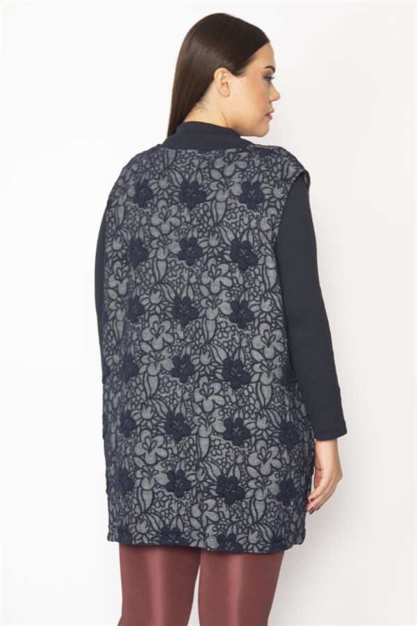 Kadın Lacivert Jakar Desenli Ön Çıtçıt Düğmeli Cepli Yelek 65N29626
