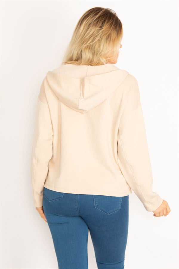Women's Beige Hooded Side Slit Lycra Sweatshirt 65N34750