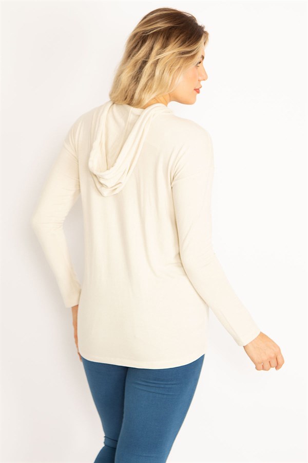 Kadın Bej Ön Baskılı Kapşonlu Etek Ucu Lastikli Bluz 65N34600