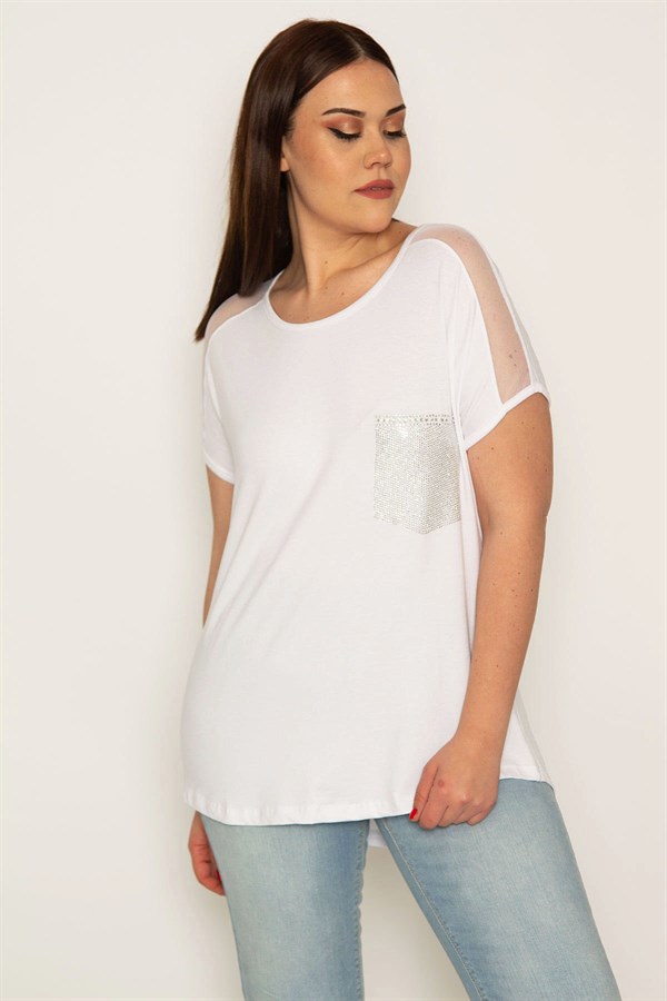 KADIN KEMİK OMUZLARI TÜL VE PETO CEBİ TAŞ DETAYLI VİSKON BLUZ