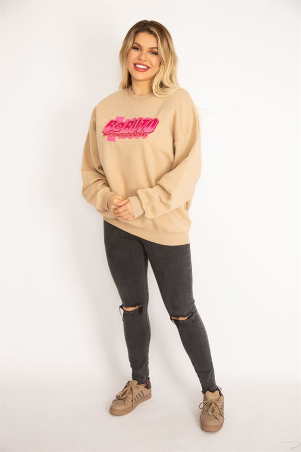 Kadın Camel İçi Şardonlu 3 İplik Kumaş Sırtı Dijital Baskılı Sweatshirt 65N35082