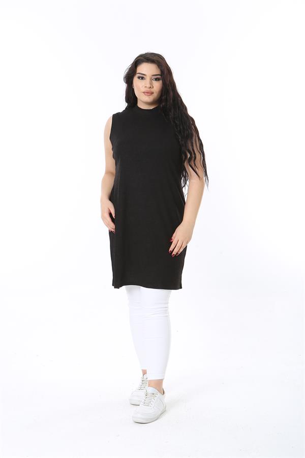 Kadın Büyük Beden Siyah Kaşkorse Kolsuz Uzun Tunik 65N38703