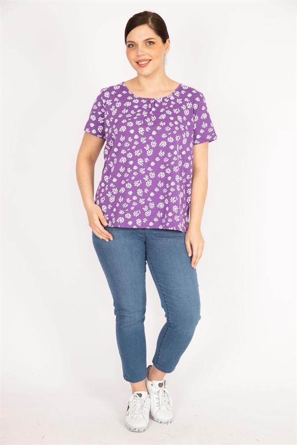 Kadın Lila Büyük Beden Pamuklu Kumaş Kısa Kollu Desenli Bluz