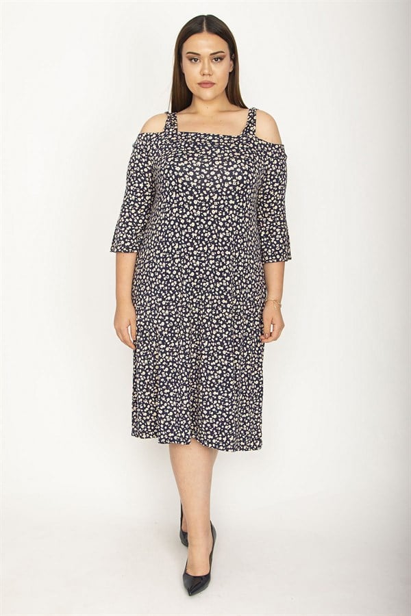 Kadın Lacivert Askılı Omuz Dekolteli Kol Ağzı Volanlı Viskon Elbise 65N26348