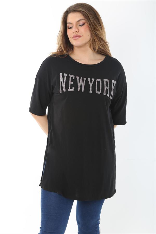 Kadın Büyük Beden Siyah Taş Ve Sim Detaylı Yan Yırtmaçlı Bluz 65N37466