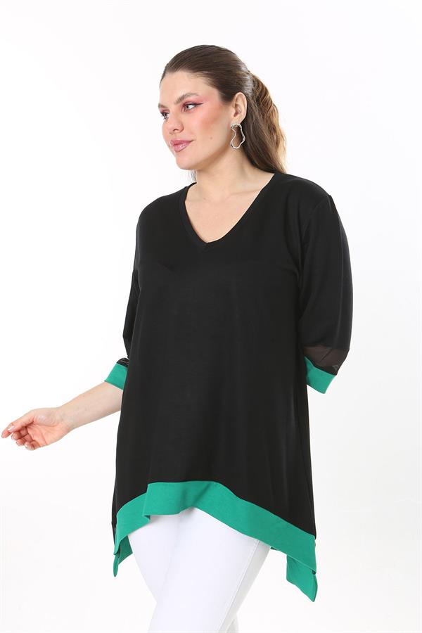 Kadın Büyük Beden Kemik Kol Ve Etek Ucu Tül Ve Garni Detaylı V Yakalı Arkası Uzun Tunik 65N37681